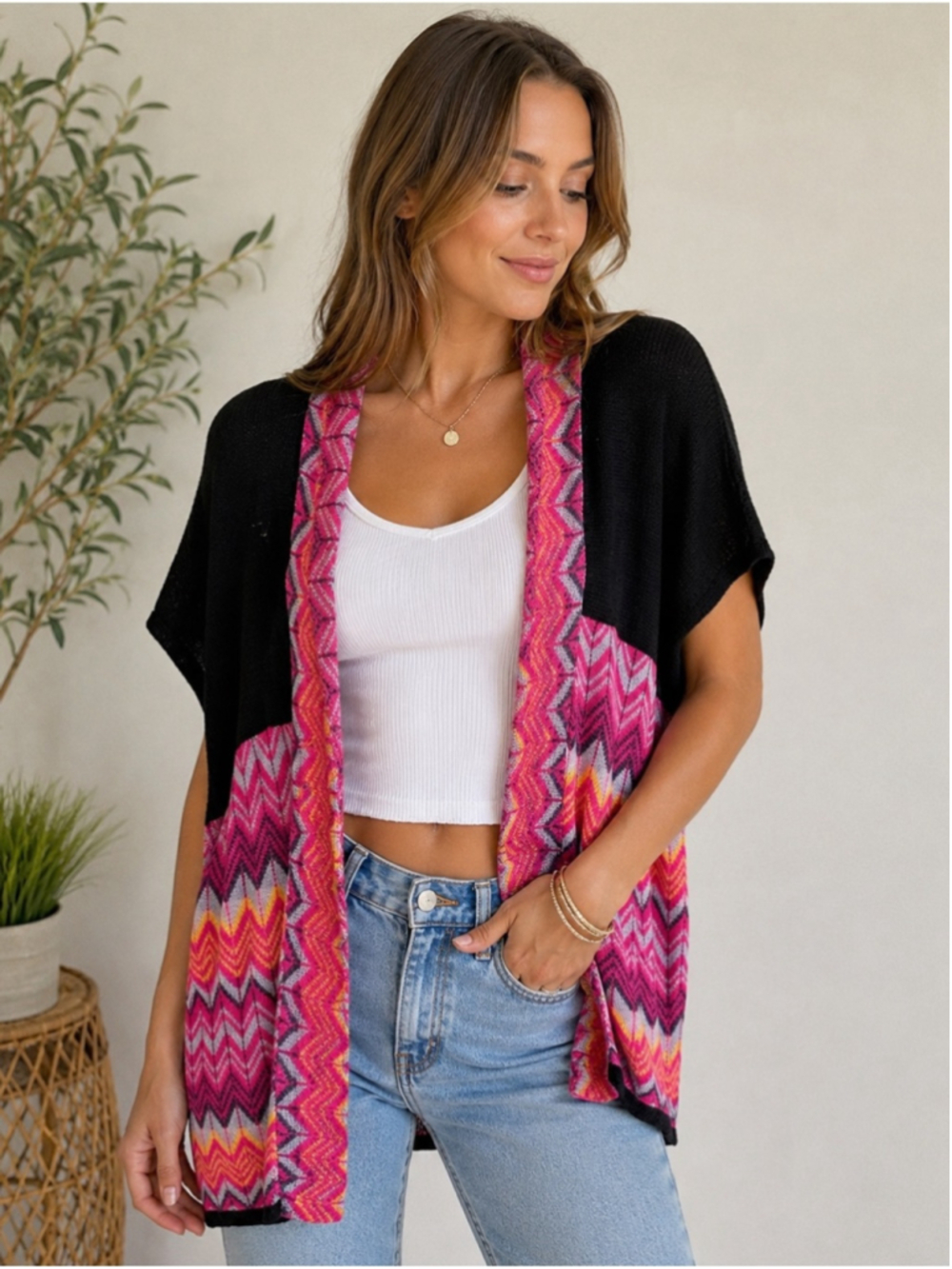 Seductions Black Pink Chevron Knit Open Cardigan Size M Y2K Boho Festival